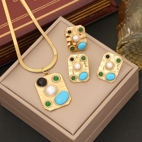Collana Orecchini Anello Acciaio Inossidabile Pendente Rettangolare Perla Artificial Turchese Metallo Martellato Catena Serpente Donna