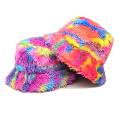 Rainbow Colorful Faux Fur Bucket Hat Fluffy Long Hair Thick Warm Winter Hat For Women Trendy Tie Dye Gradient Novelty