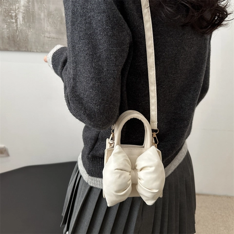 Fashionable PU Leather Mini Handbag With Large Bow Solid Color Crossbody Shoulder Bag For Women Casual Urban Simple