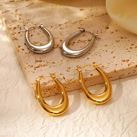 Geometric Oval Hoop Earrings Stainless Steel 18K Gold Plated Minimalist U Shaped Fashion Jewelry For Women