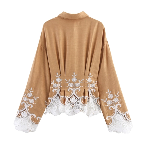 Women Elegant Long Sleeve Blouse With Belt Lace Patchwork Embroidery Turn Down Collar Solid Color Commute Top