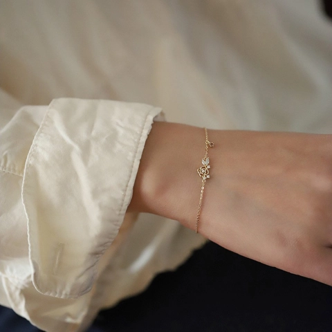 925 Sterling Silver Rose Flower Bracelet With Purple Zirconia Gold Plated Delicate Hollow Adjustable Chain For Women Jewelry