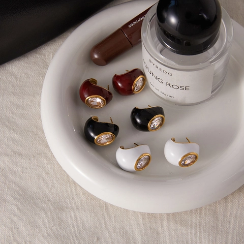 Vintage Stainless Steel Rhinestone Oval Stud Earrings For Women PVD Gold Plated Enamel Waterproof Fashion Jewelry Gift