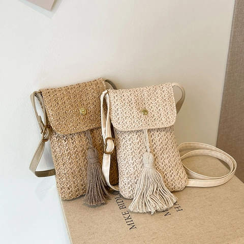 Crossbody Phone Bag Woven Straw Style Small Tassel Flap Bohemian Casual Travel Shoulder Pouch For Women