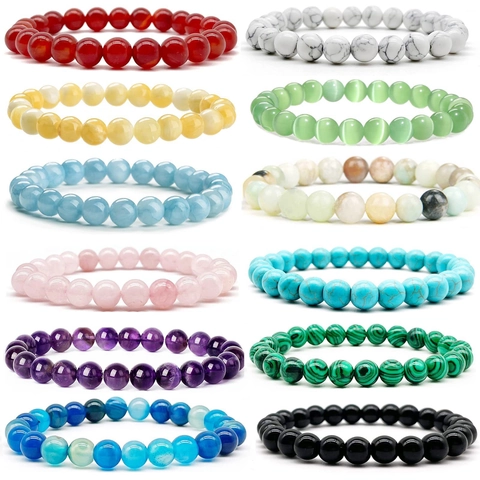 Natural Gemstone Beaded Bracelet Round Crystal Agate Amethyst Aquamarine Stretch Healing Fashion Jewelry For Women