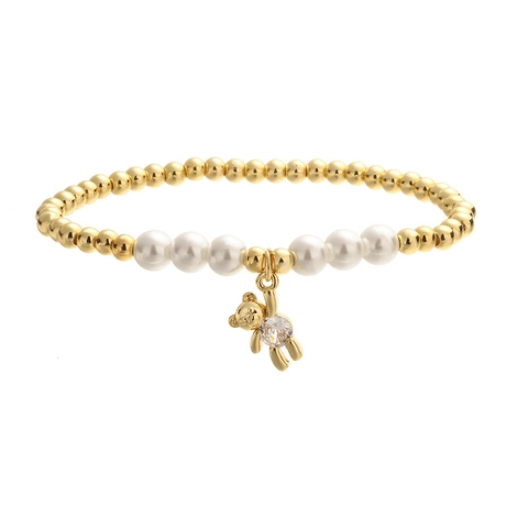 Mode Vergoldetes Kupfer Künstliche Perlenarmband Mit Weißen Perlimitaten Und Zirkon Bär Vogel Anhänger Luxus Charm Schmuck