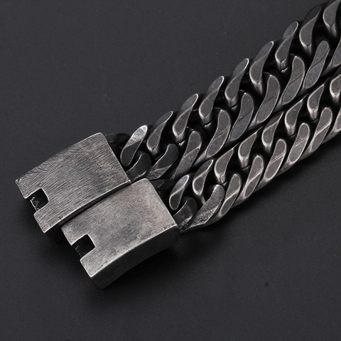 Men Vintage Cuban Link Bracelet Stainless Steel Industrial Style Heavy Chain Matte Black Gunmetal Fashion Jewelry