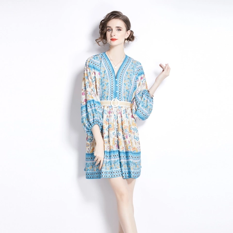 Bohemian Floral Printed Mini Dress V Neck Lantern Long Sleeve Vacation Style With Woven Belt For Women Elegant