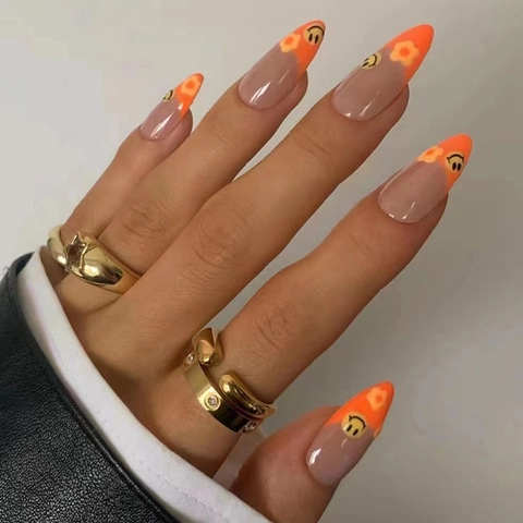 Unghie Finte Press On Forma Mandorla French Tip Arancione Design Sorriso Fiore Unghie Artificiali Per Donna