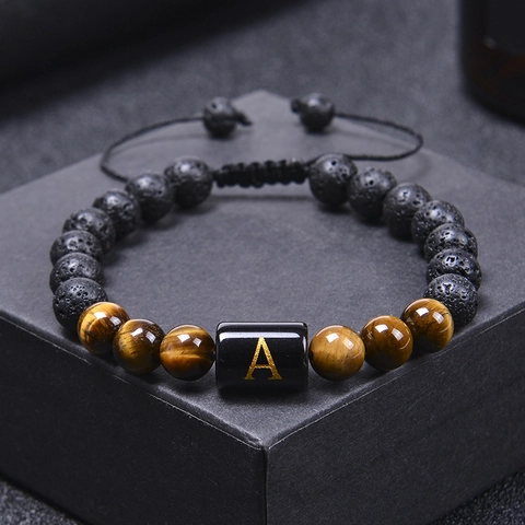 Natur Tigerauge Stein Lava Beaded Armband Initialen Buchstabe Handgefertigt Verstellbar Diffusor Schmuck Herren Damen