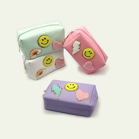 Trousse De Maquillage En Cuir PU Avec Patch Chenille Smiley Coeur Arc En Ciel Broderie Pochette De Toilette Voyage