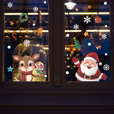 Christmas Static Window Cling Stickers Santa Claus Reindeer Snowflake PVC Decals Removable Festive Holiday Decor
