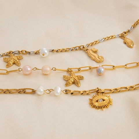 Bracciale in Acciaio Inossidabile con Perla d'Acqua Dolce Stella Marina Malocchio Oro Argento Galvanizzato Pendenti Oceano Strass per Donna