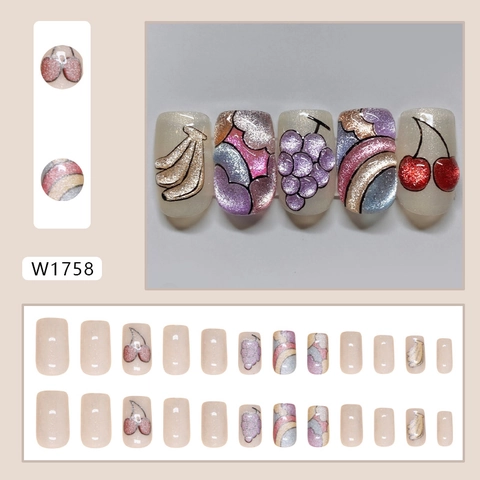 Press On Nails ABS Plastic Magnetic Cat Eye Shimmer Rainbow Fruit Cherry Banana Grape Style Short Square False Finger Nails