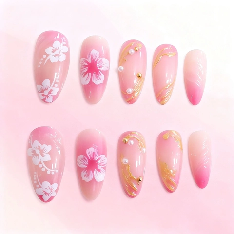 Press On Nägel Lange Mandelform 3D Blumendesign Pink Ombre Glänzende Falsche Nägel Künstliche Perlen Goldlinien Elegant