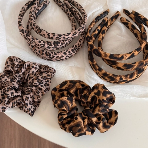 Leopard Print Headband And Scrunchie Vintage Cloth Wide Padded Hair Hoop For Women Handmade Fashion Hair Accessories