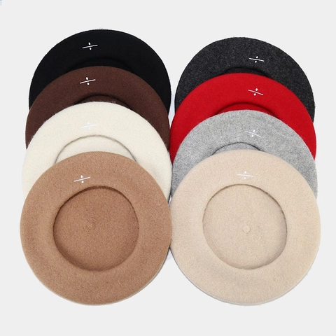 Women Wool Beret Artist Hat With Division Sign Embroidery Winter Warm Painter Cap Fashion Retro Autumn Winter Headwear