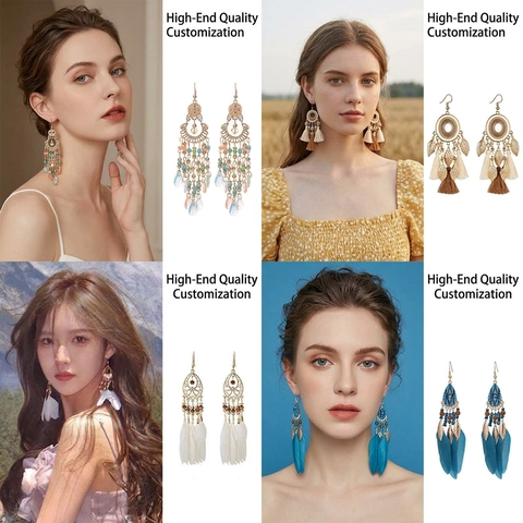 Bohemian Long Dangle Earrings For Women Alloy Natural Feather Bead Tassel Ethnic Vintage Exotic Drop Statement Jewelry