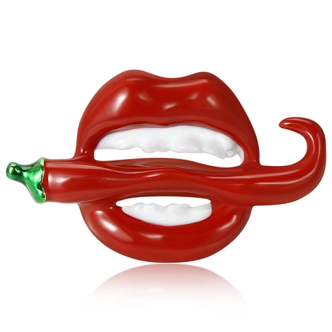 Enamel Red Lips Biting Chili Brooch For Women Creative Alloy Drip Oil Lapel Pin Unique Fashion Accessory