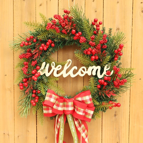 Christmas Wreath Artificial Pine Needle Red Berry Wooden Welcome Sign Plaid Bow Festive Front Door Hanging Decoration