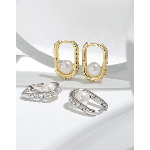 S925 Sterling Silver Geometric Oval Hoop Earrings for Women Artificial Pearl Rhinestone Inlaid Gold Silver Jewelry Accessory