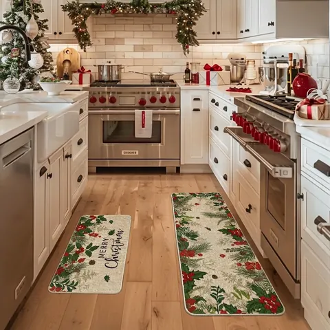 Christmas Kitchen Floor Mats Polyester Crystal Velvet Anti-Slip Washable Festive Thick Home Holiday Decor Durable Foot Pads