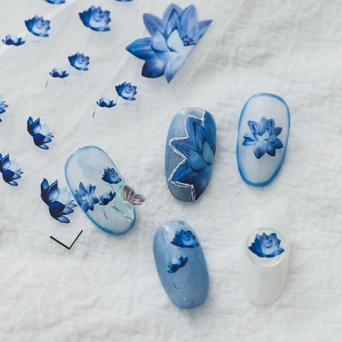 Blue Lotus Nail Art Stickers Ink Floral Self-Adhesive Ultra-Thin Manicure Decals DIY Nails Decoration Elegant Ins Style