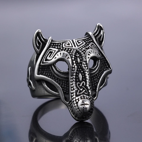 Wolf Head Ring Stainless Steel Viking Nordic Retro Vintage Punk Style Gothic Animal Totem Band Jewelry For Men
