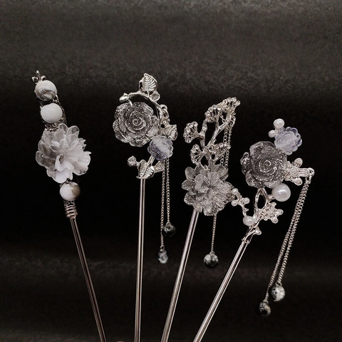 Vintage Chinese Style Hair Stick Alloy Flower Resin Ink Painting Tassel Hairpin For Hanfu Women Hair Accessories