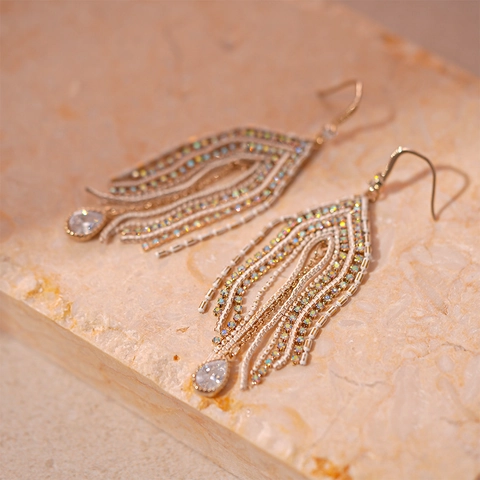 Bohemian Triangle Arrow Tassel Dangle Earrings Copper Colorful Rhinestone Zircon Silver Earring Post Women Retro Long Ear Hook
