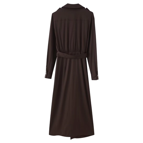 Elegant Deep V Neck Shirt Midi Dress With Belt Long Sleeve Solid Coffee Office Polyester Pleated Epaulette