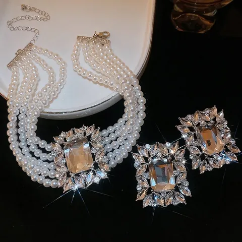 Collar Choker De Perlas Artificiales De Imitación Capas Y Pendientes Cuadrados Joyería Con Poste De Plata Mujeres Estilo Retro Lujo