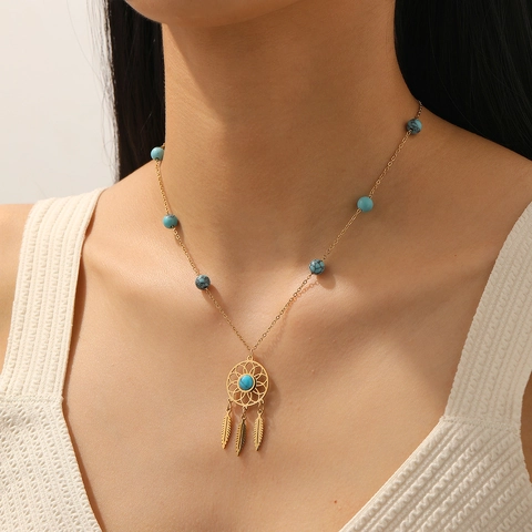 Dreamcatcher Pendant Necklace Stainless Steel Gold Plated Turquoise Beads Feather Bohemian Vintage Jewelry Women