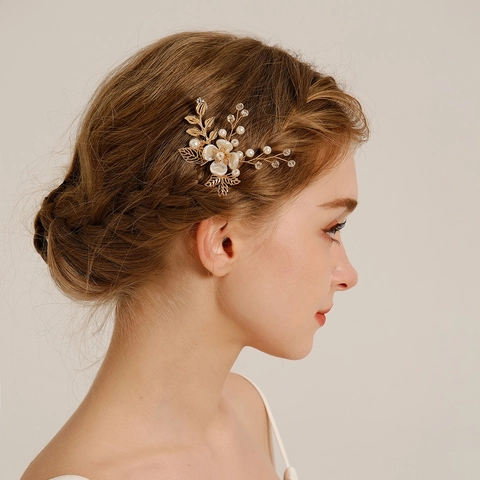 Pic À Cheveux Mariée Fait Main Feuille Alliage Doré Imitation Künstliche Perle Strass Fleur Fourche À Cheveux En U Mariage