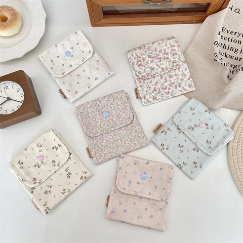 Ins Style Floral Fabric Mini Storage Bag Portable Coin Purse For Women Polyester Sanitary Napkin Pouch Travel Cosmetic Organizer Small Pouch With Snap Button