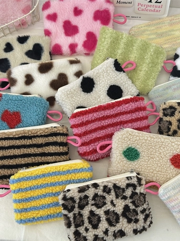Mini Monedero De Peluche Corazón Leopardo Rayas Lunares Bolsa De Almacenamiento Lápiz Labial Con Cremallera Rosa