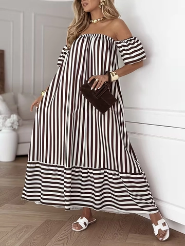 Dames Off The Shoulder Gestreepte Maxi Jurk Polyester Pofmouwen Losse A-Lijn Elegant Casual Lange Strand Vakantie Jurk