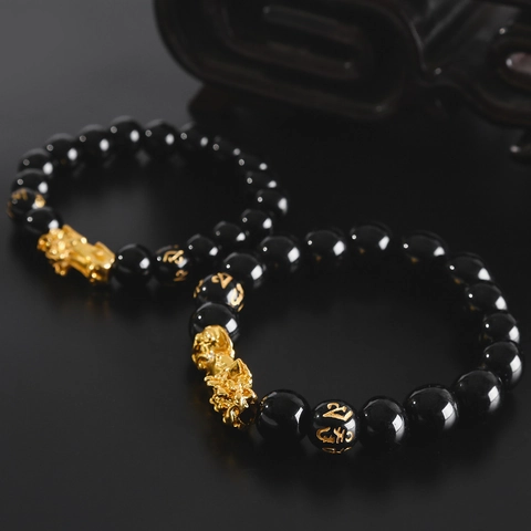 Men Beaded Bracelet Imitation Obsidian Glass Gold Alloy Pixiu Mantra Ethnic Style Wealth Good Luck
