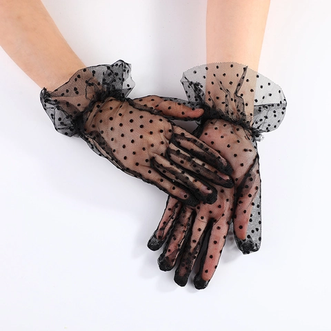 Guantes De Encaje Con Lunares Para Mujer Malla Transpirable Puños Con Volantes Protección Solar Vintage Boda Fiesta
