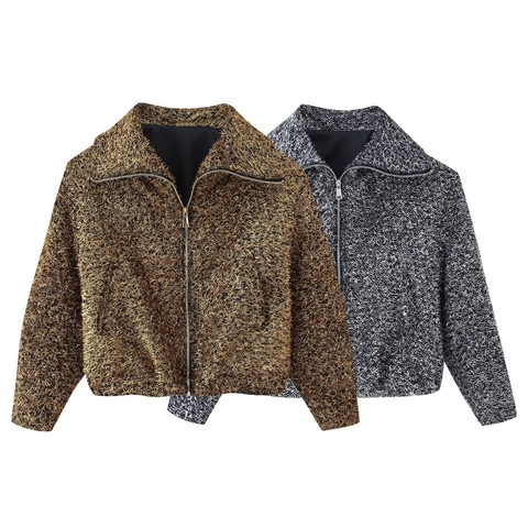Chaqueta Bomber De Mujer Con Textura Metálica Brillante Manga Larga Solapa Cremallera Abrigo Corto Streetwear Bolsillos