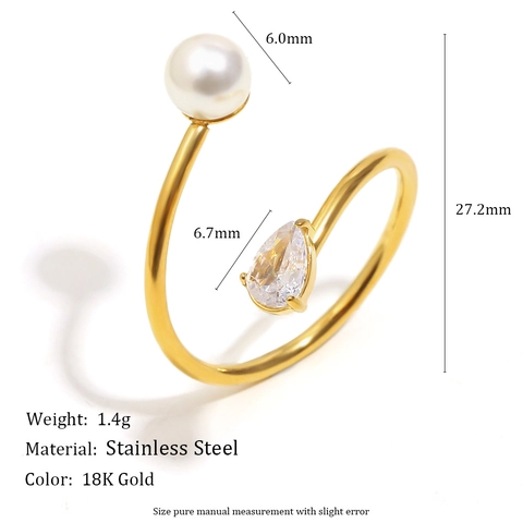 Asymmetric Open Snake Ring Stainless Steel 18K Gold Plated With Imitation Artificial Pearl And Teardrop Zircon For Women