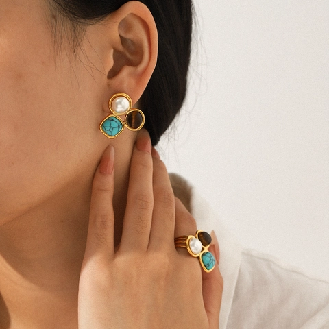 Vintage Sieraden Ring En Oorbellen Voor Dames Roestvrij Staal Verguld Turkoois Tijgeroog Kunstparel Geometrisch Verstelbaar
