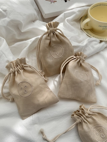 Linen Cotton Drawstring Storage Bag Embroidery Smile Face Portable Dustproof Small Jewelry Makeup Organizer Pouch