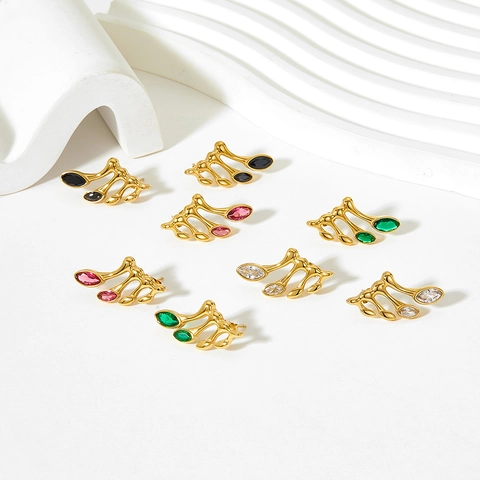 Vintage Stainless Steel Geometric Music Note Leaf Stud Earrings For Women With Colorful Cubic Zirconia Zircon Jewelry