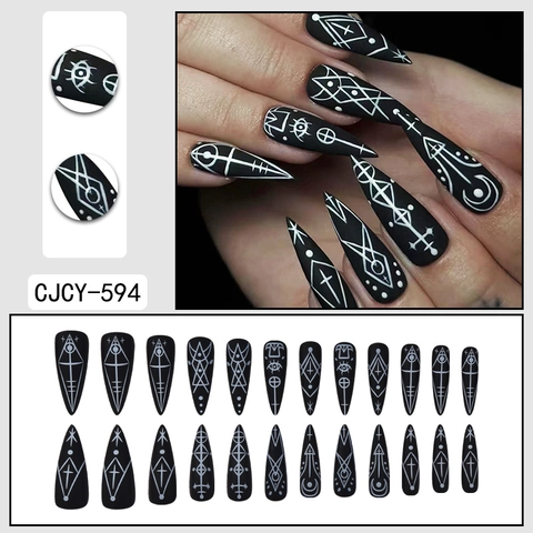 Press On Nägel Matt Schwarz Gothic Mystische Symbole Lange Stiletto Künstliche Nägel Halloween Maniküre Für Damen