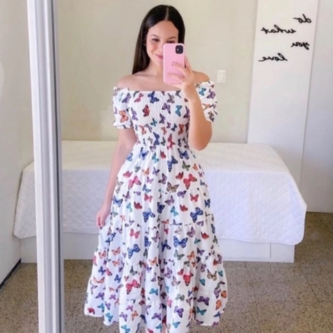 Damen Off Shoulder Midi Kleid Polyester Gummizug Taille Gestuft Saum Blumen Schmetterling Regenbogen Druck Elegant Sommer