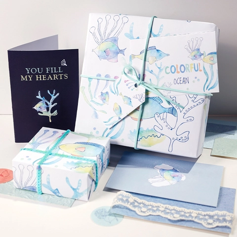 Ocean Theme Gift Wrapping Paper White Kraft Paper With Colorful Watercolor Fish Coral Patterns For Holiday DIY Crafts
