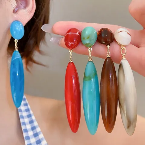 Water Drop Dangle Earrings Acrylic Marble Pattern With Silver Earring Post Elegant Vintage Jewelry For Women