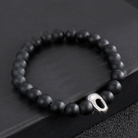 Men Beaded Bracelet With 316L Stainless Steel Skull Matte Stone Beads Punk Gothic Rock Style
