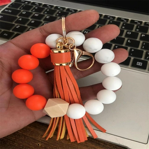 Llavero De Pulsera Con Cuentas Para Mujer Cuentas De Silicona Y Madera Con Borla De Cuero PU Elástico
